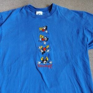 Vtg 90s Mickey & Co Embroidered Tshirt Mens XL Blue Mickey Falling USA Casual